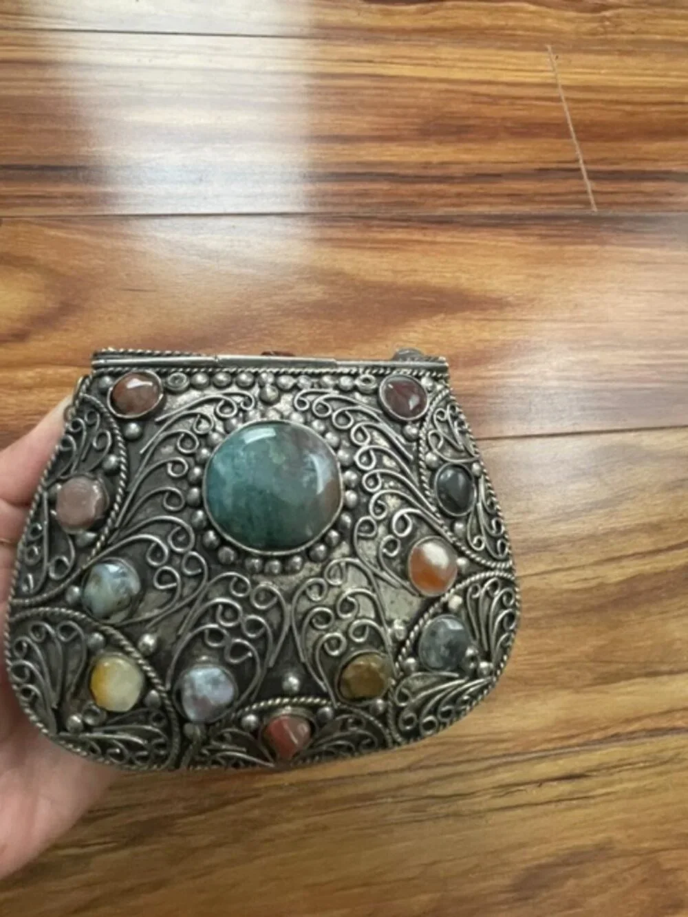 The Vintage Sajai Filigree Metal Purse with Agate Stones is a handcrafted piece